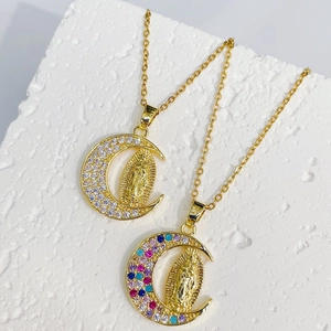 Crescent Moon Virgin Mary Pendant Necklace Copper Gold Plated Micro Pave Zircon Religious Jewelry For Women Clavicle Chain