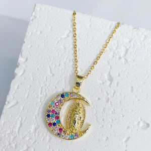 Golden moon necklace featuring Mother Mary relief and colorful micro-set cubic zirconia