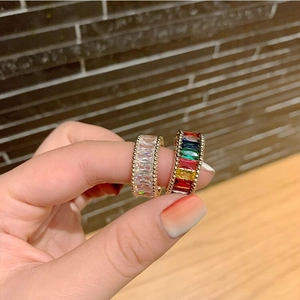 Rainbow Zircon Gold Plated Copper Open Ring Adjustable Baguette Cut Crystal Fashion Geometric Jewelry For Women Girls