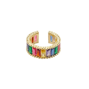 Adjustable rainbow baguette zircon gold-plated ring with beaded edge detail