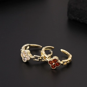 Adjustable gold plated four-leaf clover rings with red and white sparkling zircon stones