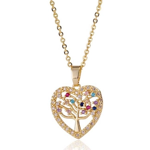 Collier arbre de vie en forme de cœur doré avec zircons colorés et cristaux micro-pavés
