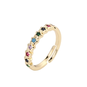 Adjustable gold star ring with colorful zircon gemstones in rainbow pattern