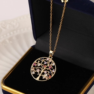 Tree Of Life Pendant Necklace Copper Cubic Zirconia Hollow Colorful Sparkly Religious Jewelry For Women