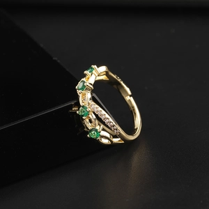 18K gold plated open ring with green zircon stones and micro-pave detailing