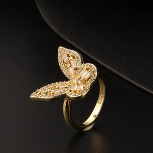 Bague ajustable en argent S925 plaqué or 18K avec papillon en zircon scintillant