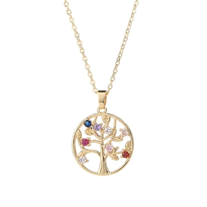 Golden Tree of Life necklace with colorful zircon gemstones on a classic cross chain