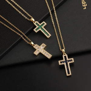 Kreuz Anhänger Halskette Retro Kupfer 14K Vergoldet Bunter Zirkonia Hip Hop Luxus Modeschmuck Für Damen