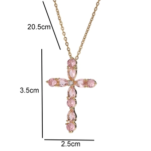 Detail size map of gold cross necklace with pink teardrop zircon, 3.5cm pendant length