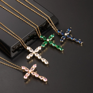 Vintage Gold Plated Copper Colorful Zirconia Teardrop Cross Pendant Necklace For Women Religious Fashion Jewelry Gift