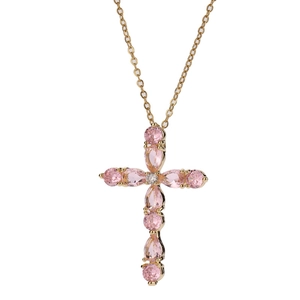 Cross necklace with gold plated chain and multi-faceted pink zircon gemstone pendants