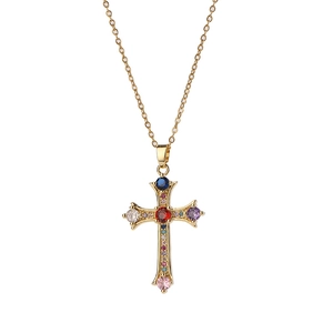 Collier croix à la mode avec pierres précieuses colorées et chaîne plaquée or unisexe