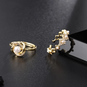 Detail of two gold-plated rings with pearls and sparkling zircons on a dark display