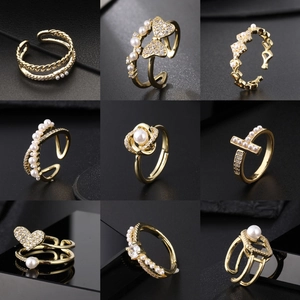 Vintage Gold Plated Copper Pearl Open Ring For Women Minimalist Adjustable Zirconia Heart Bow Geometric Finger Ring Jewelry