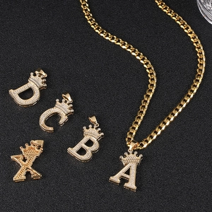 Collier Pendentif Lettre Initiale Couronne Cuivre Zircone Plaqué Or Hiphop Iced Out Chaîne Cubaine Bijoux Pour Hommes Femmes