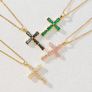 Cross Pendant Necklace Copper Cubic Zirconia Gold Plated Baguette Cut Jewelry For Women