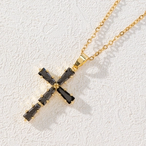 Elegant gold-plated cross necklace with black rectangular faceted zircon gemstones