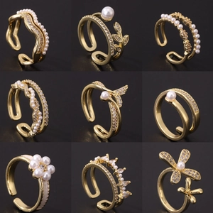 Adjustable Open Ring Gold Plated Copper For Women Faux Artificial Pearl Cubic Zirconia Heart Leaf Wave Geometric Fashion Jewelry