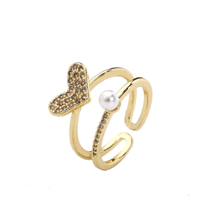 Double-layered gold-plated open ring with a crystal butterfly and a white pearl accent