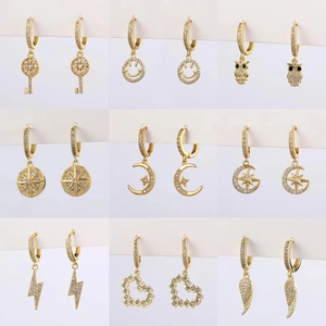 Orecchini A Cerchio Pendenti In Rame Placcato Oro Micro Pave Zirconia Cubica Ciondolo Chiave Fiore Serpente Cuore Gioielli Eleganti Per Donna