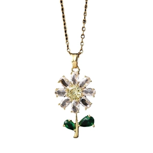 Exquisite gold sunflower necklace with yellow and white zircon petals and green stone leaves