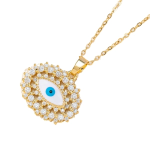 Collana a cuore occhio di bue dorata con zirconi colorati e smalto blu su sfondo bianco