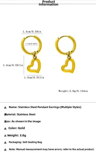 Dimensions détaillées des boucles d'oreilles cœur en acier doré à texture ondulée