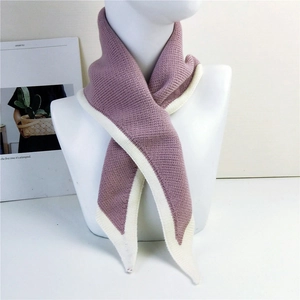 Solid color knit triangle scarf with purple and cream contrast stitching for women