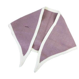 Lilac purple knit triangle scarf for women with off-white trim and loop closure