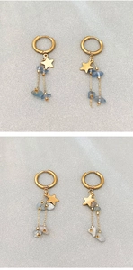 Dettaglio degli orecchini vintage dorati con pietre blu e nappine a catena metallica