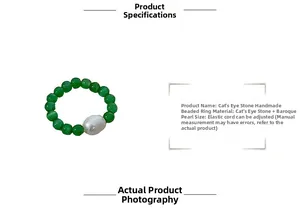 Detail view of handmade beaded ring with green cat-eye stones and baroque pearl