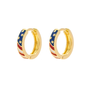 French vintage hoop earrings with American flag enamel pattern and gold finish