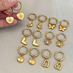 Boucles D'oreilles Créoles En Acier Inoxydable Avec Pendentifs Cœur Papillon Plaqué Or Bijoux De Mode Pour Femmes