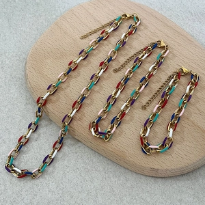 Parure de bijoux en acier titane doré style hip-hop avec maillons en émail coloré