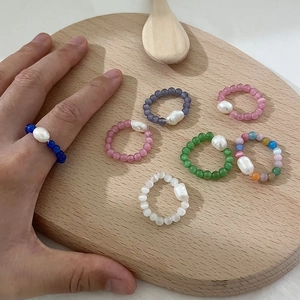 Handmade Beaded Ring Featuring Artificial Baroque Pearl And Cat Eye Stones Elastic Adjustable Vintage Style Jewelry For Women