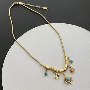 Collana A Catena Di Serpente In Acciaio Inossidabile Oro Bohémien Con Ciondoli Albero Della Vita E Sole E Perle Di Turchese Sintetico Per Donna