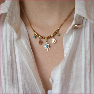 Collana vintage albero della vita dorata con ciondolo sole turchese su catena a serpente