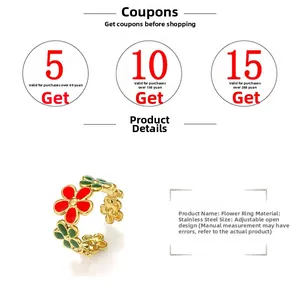 Detailed view of colorful enamel flower on adjustable stainless steel open ring