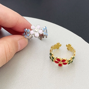 Stainless Steel Flower Open Ring Colorful Enamel Adjustable Floral Band For Women Fashion Jewelry