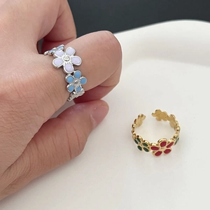 Colorful enamel flower open ring set in gold and silver adjustable stainless steel