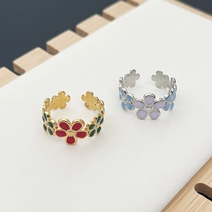 Adjustable floral open ring in gold and silver finish with colorful enamel petals
