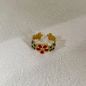Chic colorful flower open ring in gold stainless steel with red and green enamel petals