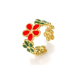 Colorful enamel flower ring with red and green petals on gold adjustable band