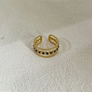 Golden multi-layer open stainless steel ring with red and green enamel dots for women