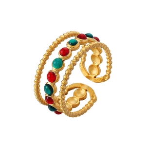 Three-layer gold stainless steel open ring with red and green enamel dot accents