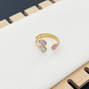 Bague ouverte en acier inoxydable doré avec points émaillés colorés style vintage