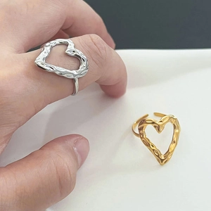 Hollow Heart Adjustable Open Ring Stainless Steel Hammered Texture Vintage Simple Fashion Jewelry For Women