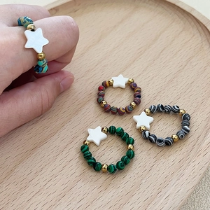 Bague Élastique Perles Fait Main Avec Étoile En Coquillage Malachite Perles Acier Bijoux Bohème Pour Femmes