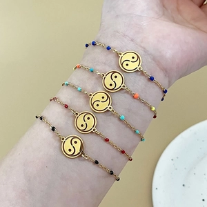 Yin Yang Tai Chi Pendant Bracelets Stainless Steel Gold Plated With Colorful Beads For Women Minimalist Fashion Adjustable