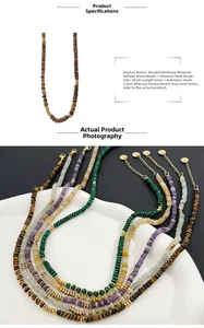 Detail of colorful gemstone beaded necklace with 42cm length and gold steel beads